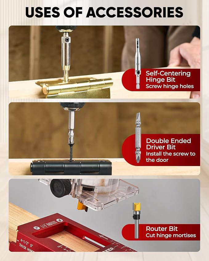 Saker Door Hinge Jig,Adjustable Door Jamb Hinge Jig,Aluminum Alloy Doors Hinges Router Jigs,Fits Door Hinges from 2.5" to 5" Length and Thicknesses,Radius 1/4” or Radius 5/8”