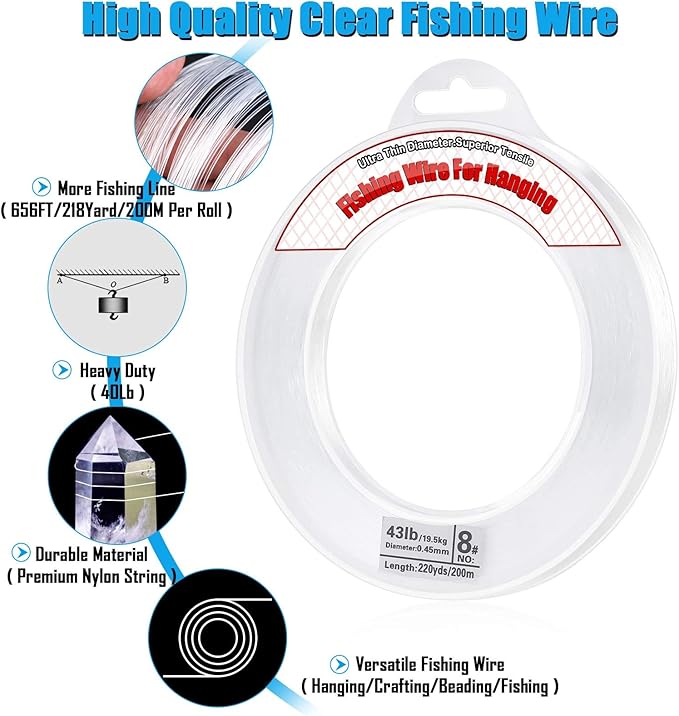 Clear Fishing Wire, Acejoz 656FT Fishing Line Clear Invisible Hanging Wire Strong Nylon String Supports 40 Pounds for Balloon Garland Hanging Decorations