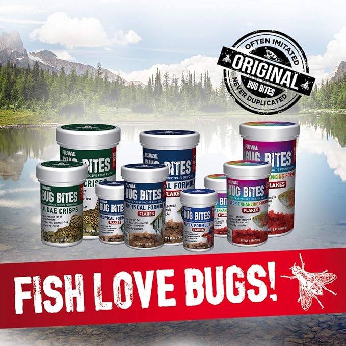 Fluval Bug Bites Color Enhancing Fish Food for Tropical Fish, Flakes for Small to Medium Sized Fish, 3.17 oz., A7348, Brown