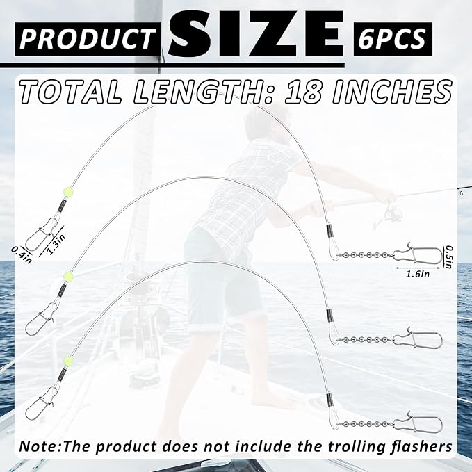 Threlaco 6 Pcs Trolling Bumper for Trolling Flashers Dodgers Fishing Leader Saltwater Leader Line Bottom Rigs Clear Nylon Surf Fishing Steel Tackle Rigs with Swivel Snaps Beads