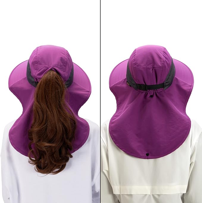 BASSDASH UPF 50+ Unisex Water Resistant Wide Brim Sun Hat with Large Neck Flap Ponytail Fishing Hat for Men Women