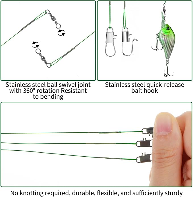 Fishing Leaders with Crane Swivel and Snaps, 60 Pcs 8in/10in/12in Fishing Wire Leaders, Saltwater/Freshwater, Leader line for Carp, Pike, Catfish, Muskie, Walleye, Bass, Mackerel, Snapper, etc (Green)