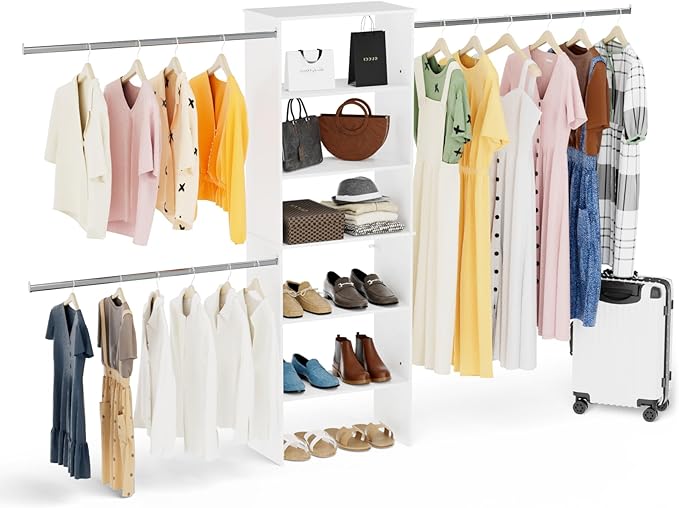 ROOMTEC Closet System, 25.5" Wide Wall-Mounted Closet Organizer Kit with Wood Storage Tower and 3 Hanging Rods, Wardrobe Closet System for Walk-In Closets, White