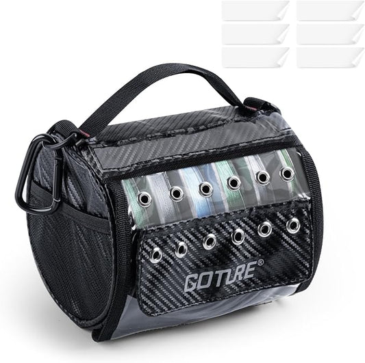 Goture 3/6 Outlet Holes Fishing Line Storage Bag, 2 Sizes Clear View Window Fishing Line Case, Removable Divider Fishing Line Organizer, Water-Resistant Surface, Tangle-Free Leader Line Spool Bag