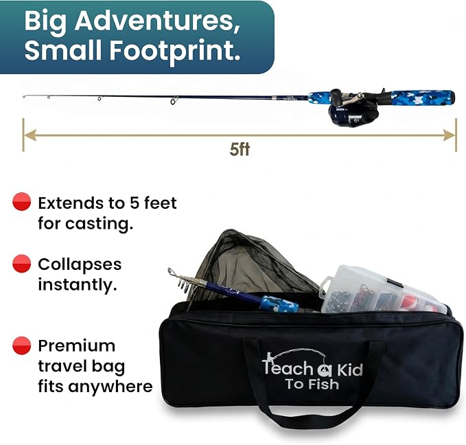 Kids Fishing Pole and Tackle Box Kit - Complete Fishing Kit for Beginners with Rod, Reel, Net & Fish Hook Remover Pliers and Carry Bag, Hands-Free Experience for Boys & Girls