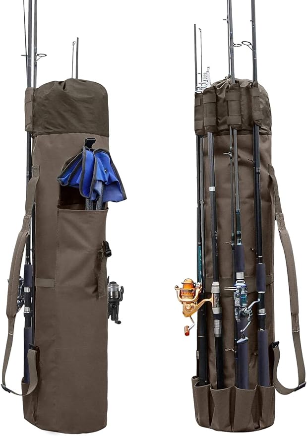 Allnice Durable Canvas Fishing Rod & Reel Organizer Bag Travel Carry Case Bag- Holds 5 Poles & Tackle