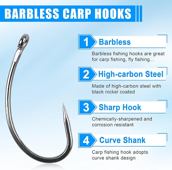 175pcs Barbless Fishing Hook Kits,Small Size Carp Fishing Hooks Curve Shank Crank and Wide Gape Fly Tying Hooks Circle Hook with Tackle Box Size 2#,4#,6#,8#,10#