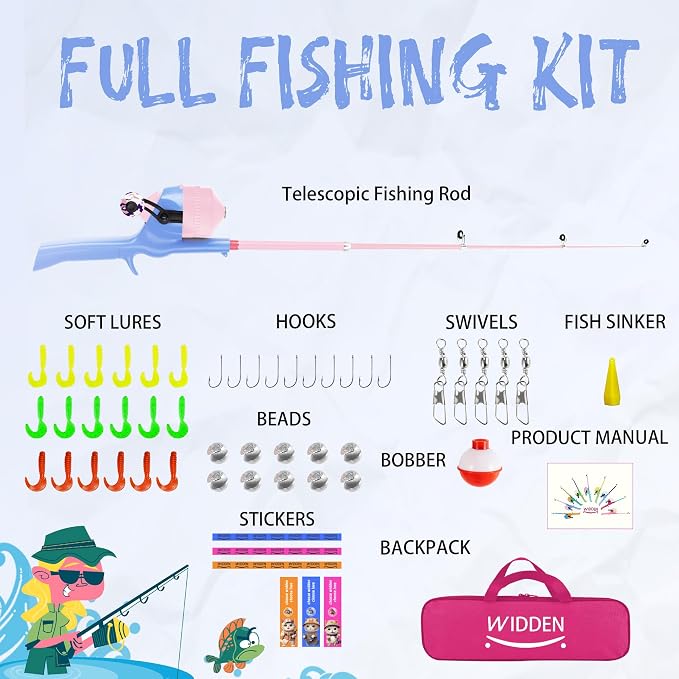 Kids Fishing Pole, Telescopic Fishing Rod, Toddler Collapsible Fishing Rod and Reel Combo with Tackle Box, Fishing Line, Bobber, and Soft Lures for Boy, Girl, Youth, Beginner, Over 4 Years Old