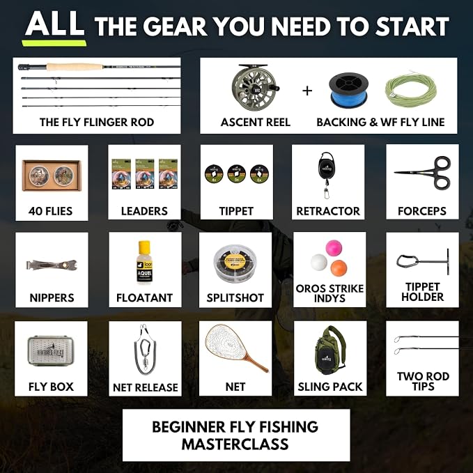Ventures Fly Co. | Starter Packages | 23 Fly Fishing Accessories Complete Gear Combo | Perfect Beginner Kit | Includes Rod, Reel, Line, Flies, Leader, Tippet, Forceps, Nipper, Floatant & Net
