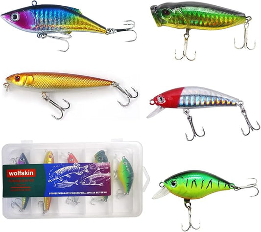 WOLFSKIN Fishing Lures Kit, Fishing Baits Set, Included Crankbaits, Curly Tail Jigs, Spoons, Hooks, Weights, Fishing Accessories with Tackle Box, for Carp, Bass, Freshwater Saltwate