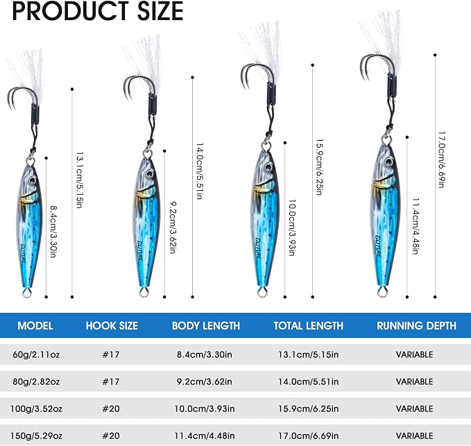 Goture Fishing Jigs Saltwater, 60g/80g/100g/150g Vertical Jigging Lures with Double Assist Hooks, Speed Fast Fall Jig Deep Sea Fishing Jigging Spoon Lures for Tuna,Salmon,Grouper Snapper, Kingfish