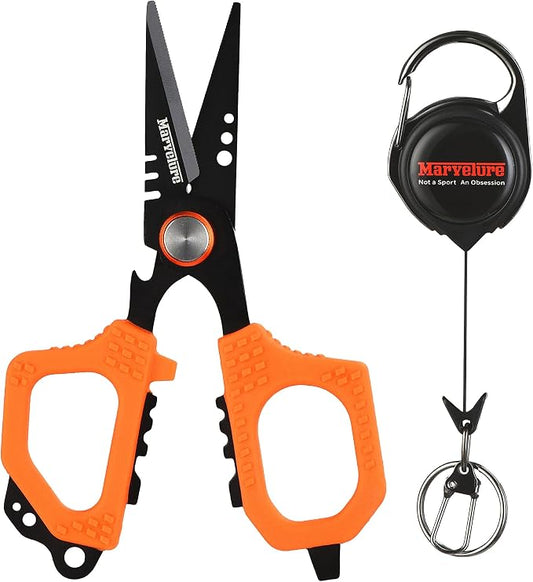Pro Fishing Shears 4.7'' (12 cm), Dual Serrated Blades, Titanium-Coated Braided Line Scissors with Non-Slip Grip & Multifunction Tool, Includes Zinger Retractor (Orange, 4.7'' (12 cm))