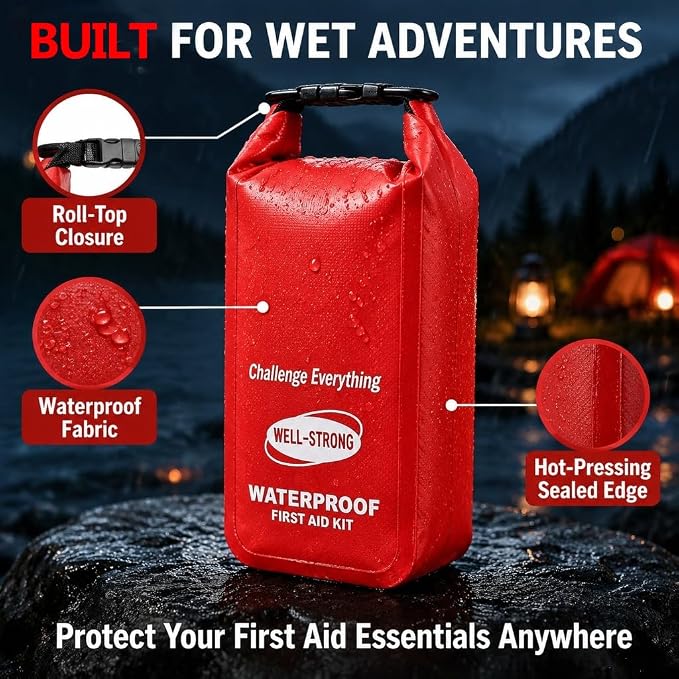 Boat First Aid Kit with Survival Tools, 123pcs Waterproof Emergency Marine Kit with Buckles, Compact Boat Safety Accessories for Fishing Kayaking Boating Camping Rafting Beach Red