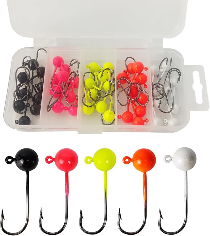 EUPHENG 50pcs Fly Tying Jig Heads Kit - Jig Hooks for Fly Fishing - DIY Lure Making Kit - Black, White, Orange, Pink, Chartreuse - Sizes #12, #8, #6, #4, #2