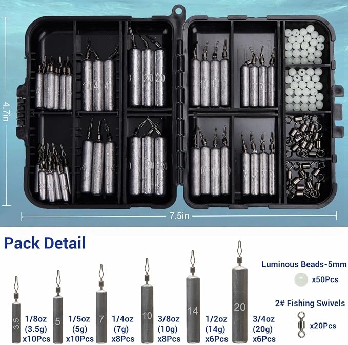 48Pcs Drop Shot Weights Set, Slim Pencil Style Lead Fishing Weights Sinkers Kit for Dropshot Rigging 6 Sizes Assorted with Barrel Swivel and Rig Beads