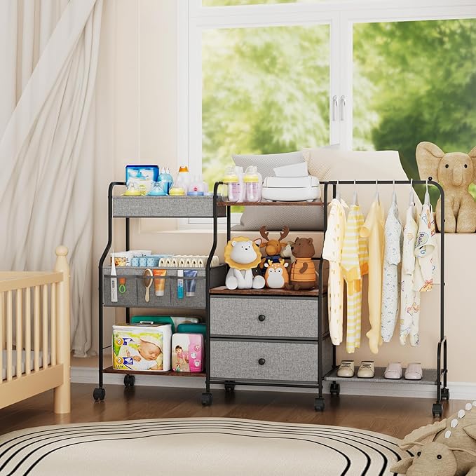 BBLIKE Diaper Caddy Organizer with Hanging Rack - 3 Tier Rolling Utility Cart with Drawers and Dividers for Baby Bottle Storage - Bedside Cart for Changing Station, Crib, Nursery, Bedroom, Gray