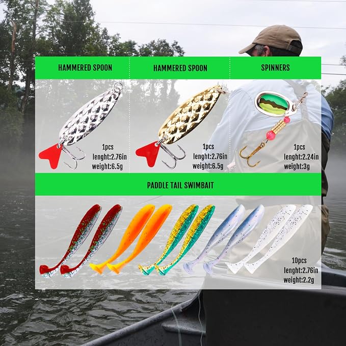 FONMANG Fishing Lures - Fishing Tackle kit with Spoons, Swim Bait, Jerk baits, Lure & Fishing Accessories, Bass Fishing Kit Also for Trout, Bluegill, Small Fishing Tackle Box for Freshwater
