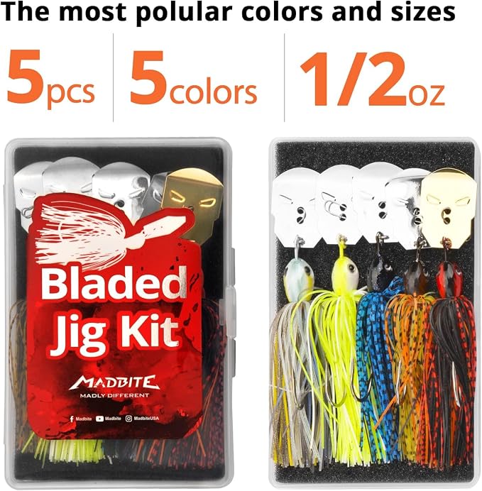 MadBite by KastKing Bladed Jig Fishing Lures, Multi-Color Kits, Irresistible Vibrating Action, Sticky-Sharp Heavy-Wire Needle Point Hooks, Popular 3/8 oz and 1/2 oz Sizes, Includes Storage Box