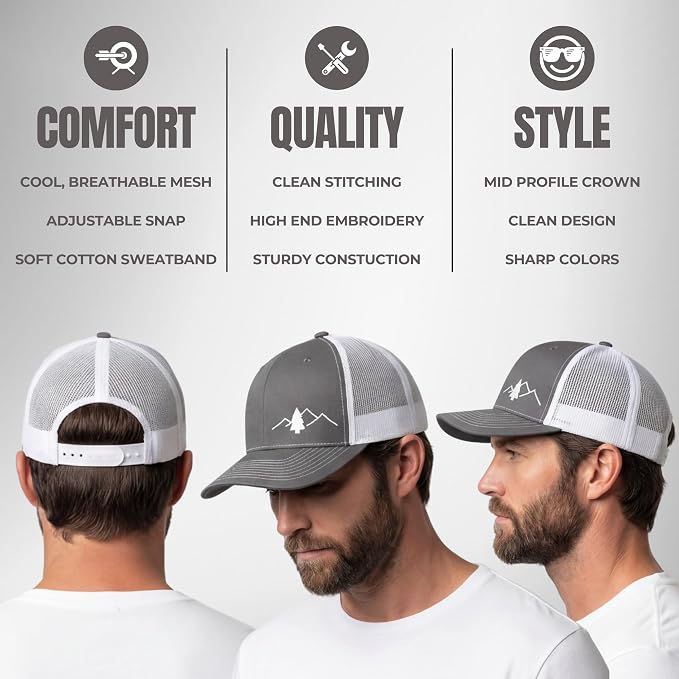 LINDO Trucker Hat [ Great Outdoors Design ] for Men and Women: Mid Profile Cap with Breathable Mesh Back and Adjustable Snap