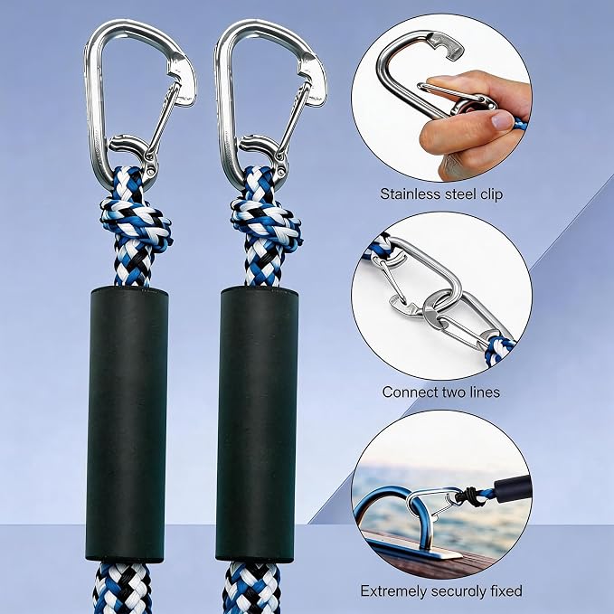 2 PK Blue Bungee Dock Lines for Boats 2FT with 316 Stainless Clip Boat Accessories Marine Grade Boat Rope Boating Accessories Boat Dock Lines Jet Ski or PWC Mooring Boat Lines & Dock Ties