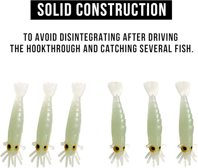 QualyQualy Fishing Soft Lures Artificial Bait Luminous Glow Shrimp Grub Worms Lure Ice Fishing Lures for Bass Walleye Trout Crappie 54pcs