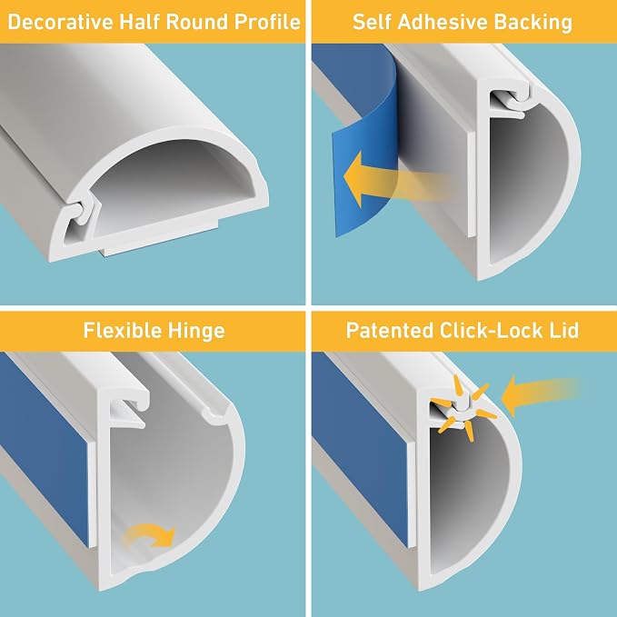 D-Line 13.12ft Cord Hider Kit, Patented Cable Cover, Hide Wires on Wall, Channel for TV Mount Cords, Raceway Wire Hiders, Paintable, Adhesive, Half Round, 4X 0.78in W x 0.39in H x 39in Lengths, White