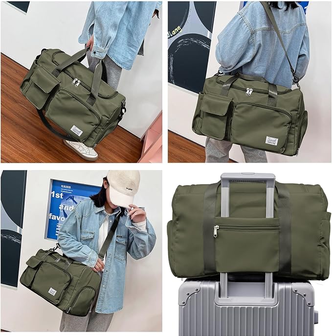 Suruid Travel Duffel Bag with Shoes Compartment Sports Gym Bag with Dry Wet Separated Pocket for Men and Women, Overnight Bag Weekender Bag Training Handbag Yoga Bag - Olive Green