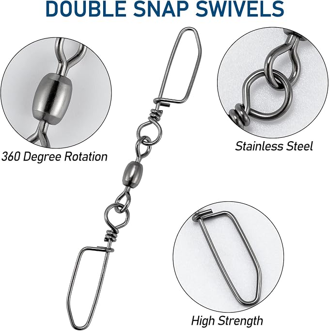 Dr.Fish 20 Pack Double Snap Swivels, High Strength Crane Barrel Swivels Coastlock Snaps Stainless Rust Resistant Saltwater Connector Trolling Planer Board Line Release Clips
