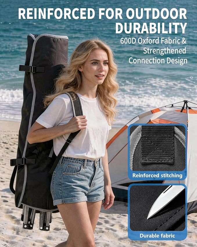 HOPERAN Camping Chair with Canopy, Heavy Duty Beach Chair with Umbrella Cooler Bag Cup Holder Side Pocket Supports 500lbs, Outdoor Folding Chair with Shade for Beach, Lawn, Fishing, Sports