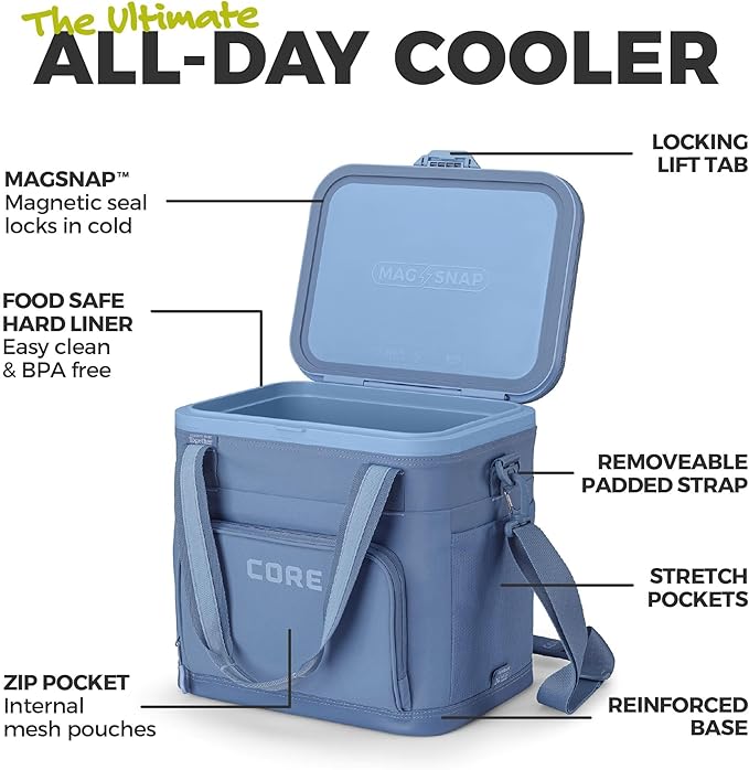 CORE Magnetic Zipperless Soft Cooler | Insulated Hard Liner Ice Chest Box | Best Portable 24 Can Soft Cooler for Food & Beverages for Tailgating, Car Camping, and Family Beach Picnics