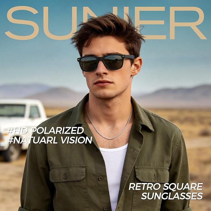 Sunier Polarized Sunglasses for Men and Women, Retro Square Matte Finish UV400 Protection Shades for Driving, Fishing