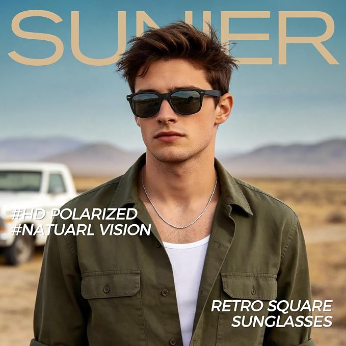 Sunier Polarized Sunglasses for Men and Women, Retro Square Matte Finish UV400 Protection Shades for Driving, Fishing