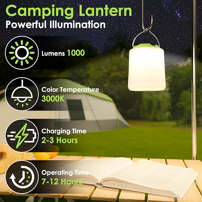 BOBKID LED Camping Lantern, Rechargeable Camping Light, 4 Modes Outdoor Flashlights Lanterns with 1000LM, Water Resistant Portable Emergency Camp Light for Hurricane Hiking Survival Kits - Green