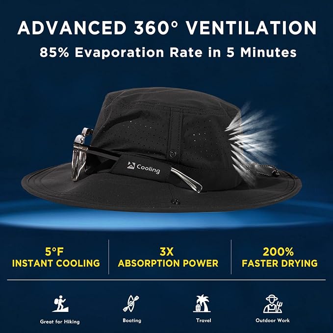 TOP-EX UVCoolix™ Cooling Sun Hat for Men Women, UPF 50+ Wide Brim Safari Hat, 360° Breathable Boonie Hats for Hiking, XL/XXL