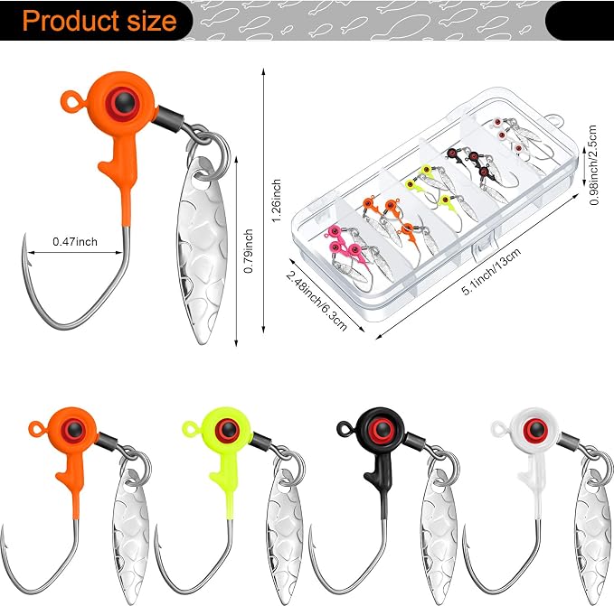 Skylety 15 Pcs Fishing Jig Heads Kit Fishing Lures Crappie Jig Road Heads Hook with Spinner Plastic Box for Freshwater Runner Bass