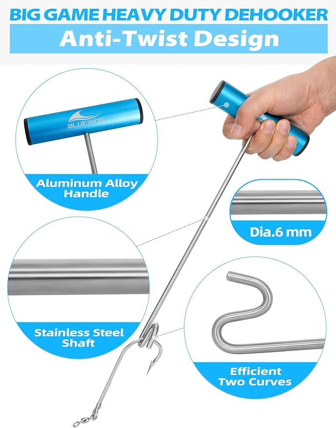 BLUEWING Fishing Hook Remover 12in/24in Stainless Steel Fish Dehooker Saltwater Push and Pull Dehooking Tool, Twist Resistance Design 1pc