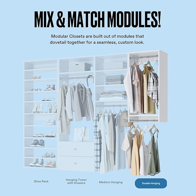 Double Hanging Closet System - Modular Closet Organizer For Corners -includes Storage Shelves and Hangers (White, 18 in. Wide) Shelves