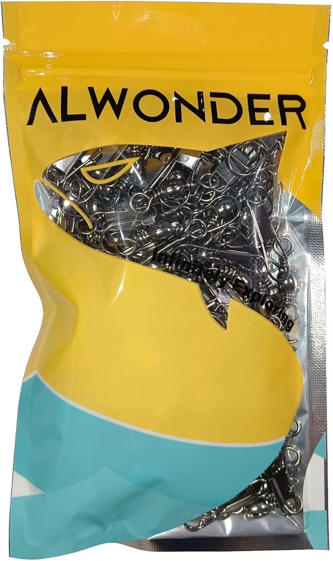 Alwonder 100-Pack Fishing Snap Swivels, Barrel Swivels Fishing Tackle with Snaps Freshwater, Stainless Steel Safty Interlock Snap Swivel Black Nickel Coated Lure Hook Connector Quick Change Clips