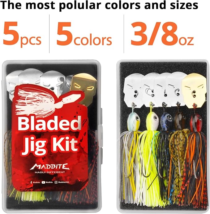 MadBite by KastKing Bladed Jig Fishing Lures, Multi-Color Kits, Irresistible Vibrating Action, Sticky-Sharp Heavy-Wire Needle Point Hooks, Popular 3/8 oz and 1/2 oz Sizes, Includes Storage Box