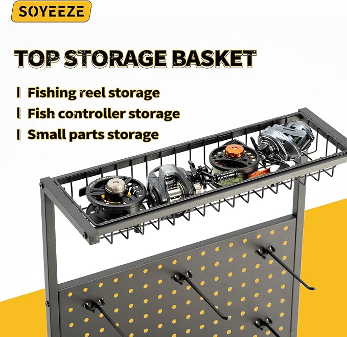 SOYEEZE Fishing Rod Holders for Garage, Fishing Rod Rack Hold Up to 12 Rods, 3 Tier Shelf, Pegboard and Wooden Countertops Designied for Fishing Pole Tackle Box Reel Line Storage, Fishing Gift