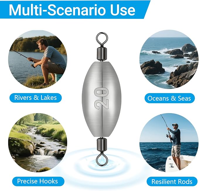 Polsefve Inline Trolling Fishing Weights with Inner Swivels, Oval Drop Casting Sinkers Lead Sinker Tackle for Catfish Bass Saltwater & Freshwater Bottom Fish(10g/15g/20g/30g/40g/60g)