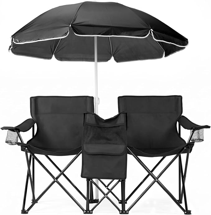XL Double Folding Camping Chair with Removable Umbrella, Heavy Duty 480lbs Capacity Portable Love Seat with Cooler Bag, Cup Holders & Side Pocket for Beach, Fishing, Picnic, Black