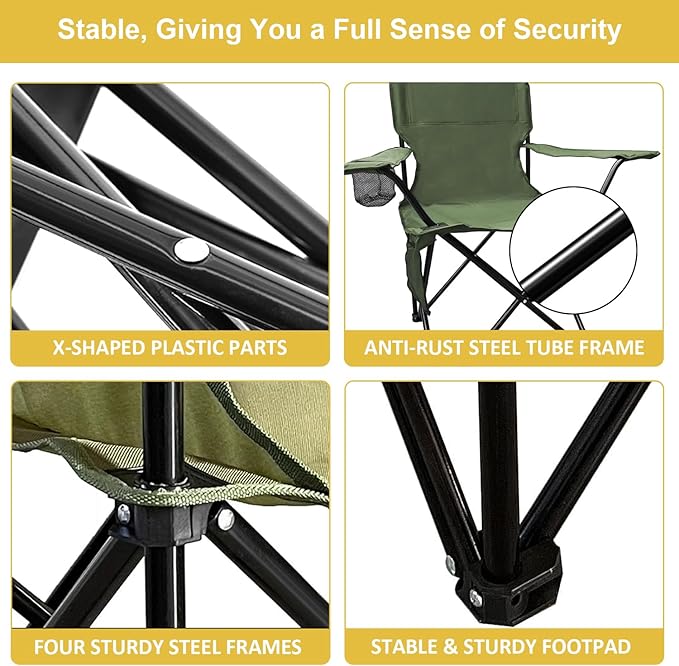 Folding Camping Chair with Cup Holder & Storage Bag, 225lbs Capacity, Large Anti-Sink Feet, Breathable PE Coated Fabric for Outdoor, Hiking, Beach, Fishing, Backpacking, 2PCS Green