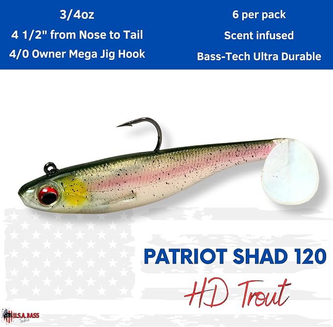 USA Bass Tackle Patriot Shad - Scent Infused Paddle Tail Swimbaits Pre Rigged Fishing Lures Premium Bait Strong Owner Hook, Fishing Gear for Bass Freshwater Predator Fish