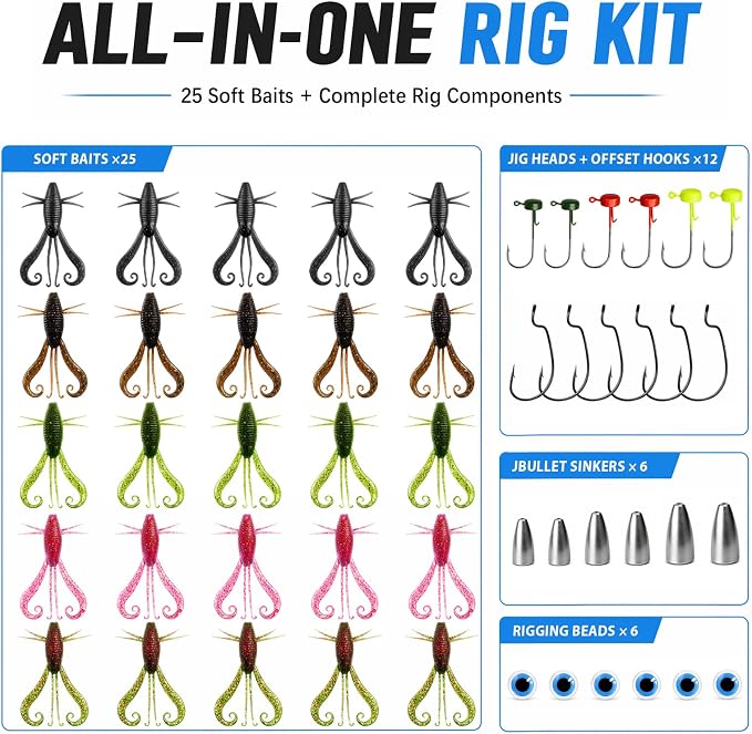 49pcs Soft Fishing Lures Kit – Texas Rig Kit for Bass Fishing with Silicone Shrimp Baits, Hooks, Weights & 3D Eyes – Bass, Crappie & Trout Tackle for Freshwater & Saltwater