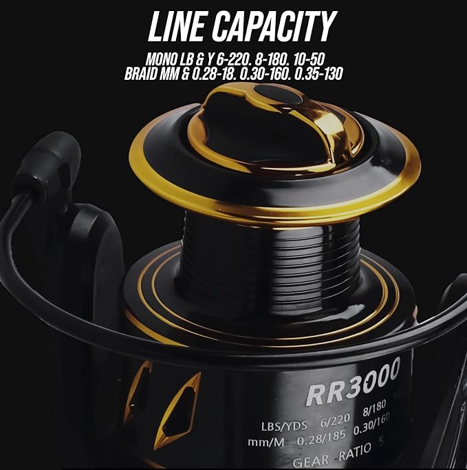 Rigged and Ready RR spin fixed-spool fishing reels 4 size options 1000, 3000, 5000, 6000. Freshwater saltwater smooth strong durable. Spare spool + bag. Spinning, Carp, Bass, Coarse, Sea & LRF angling