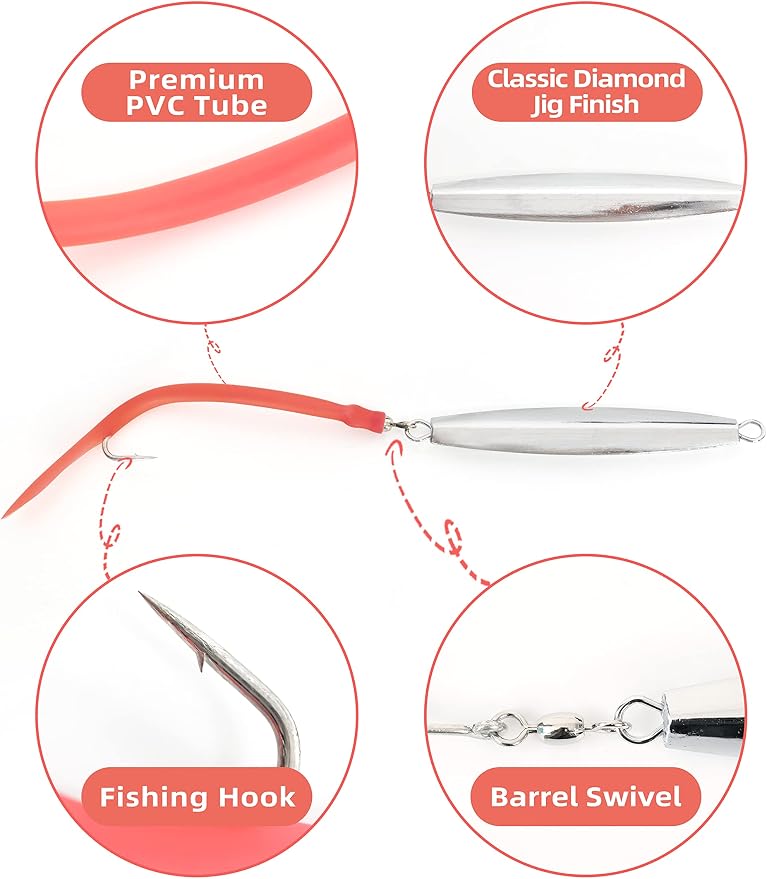 BLUEWING Diamond Jigs Fishing Saltwater Lure 1oz,2oz,3oz,4oz 1pc with Split Tube Tail and Stainless Steel Hook