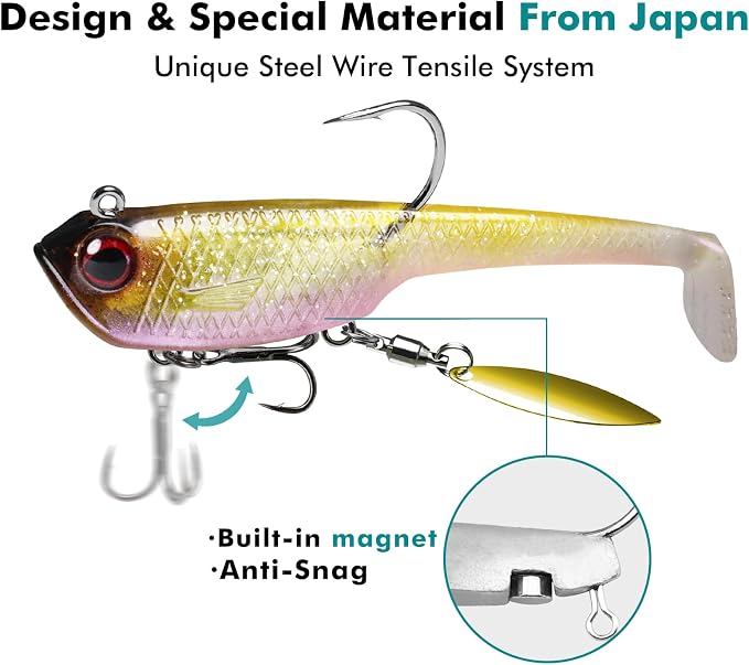 TRUSCEND Shadtale Easy Catch Soft Fishing Lures with BKK Hooks - Trembly Sinking and Vibrating Swim for More Bites, Pre-Rigged Swimbaits for Bass, Trout, Crappie, Walleye, Freshwater Saltwater Fishing