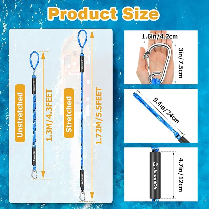JaunniQir Bungee Dock Lines for Boats 4.3 Feet, 2 Pack Dock Lines with 316 Stainless Clips for PWC, Jet Ski, Kayak, Watercraft, Pontoon, Shock Absorbing Tie Off Downs Boat Mooring Ropes Accessories
