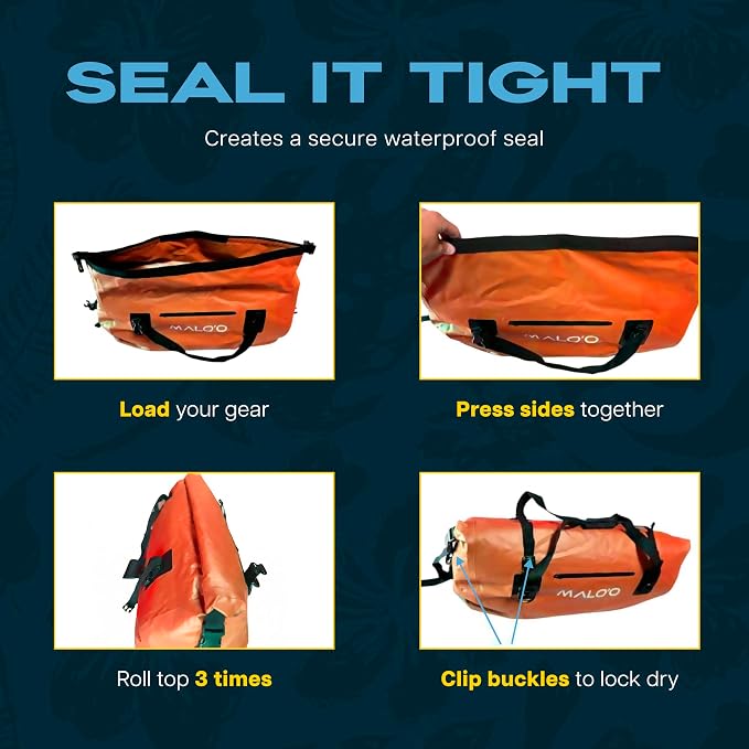 Malo’o Waterproof Dry Duffel, Heavy-Duty Roll Top Waterproof Gear Bag with Shoulder Strap & Molle Loops, Marine Duffel for Kayaking, Boating, Camping, Beach & Travel, Orange, 100L